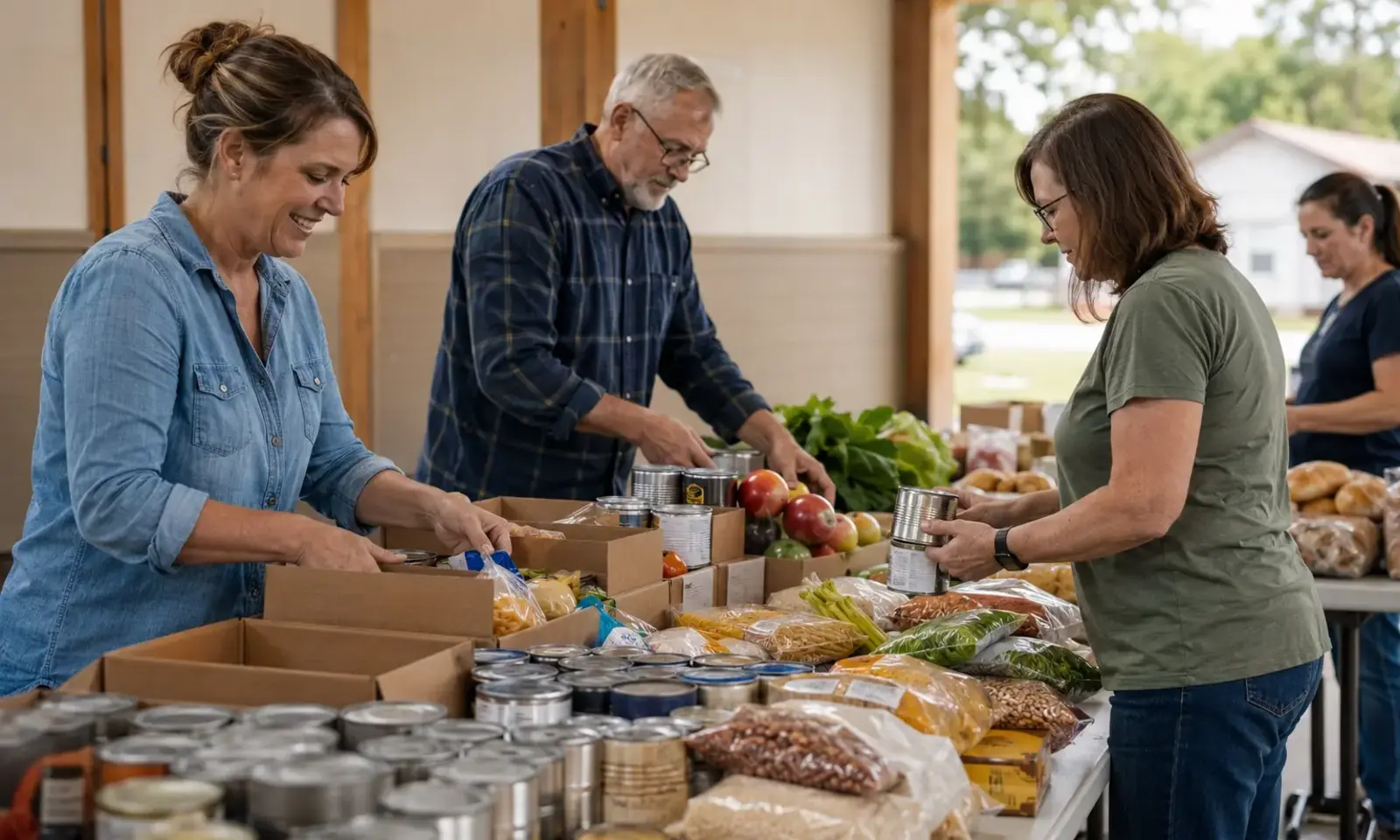 Volunteers organizing food for the Celebration Church community food drive